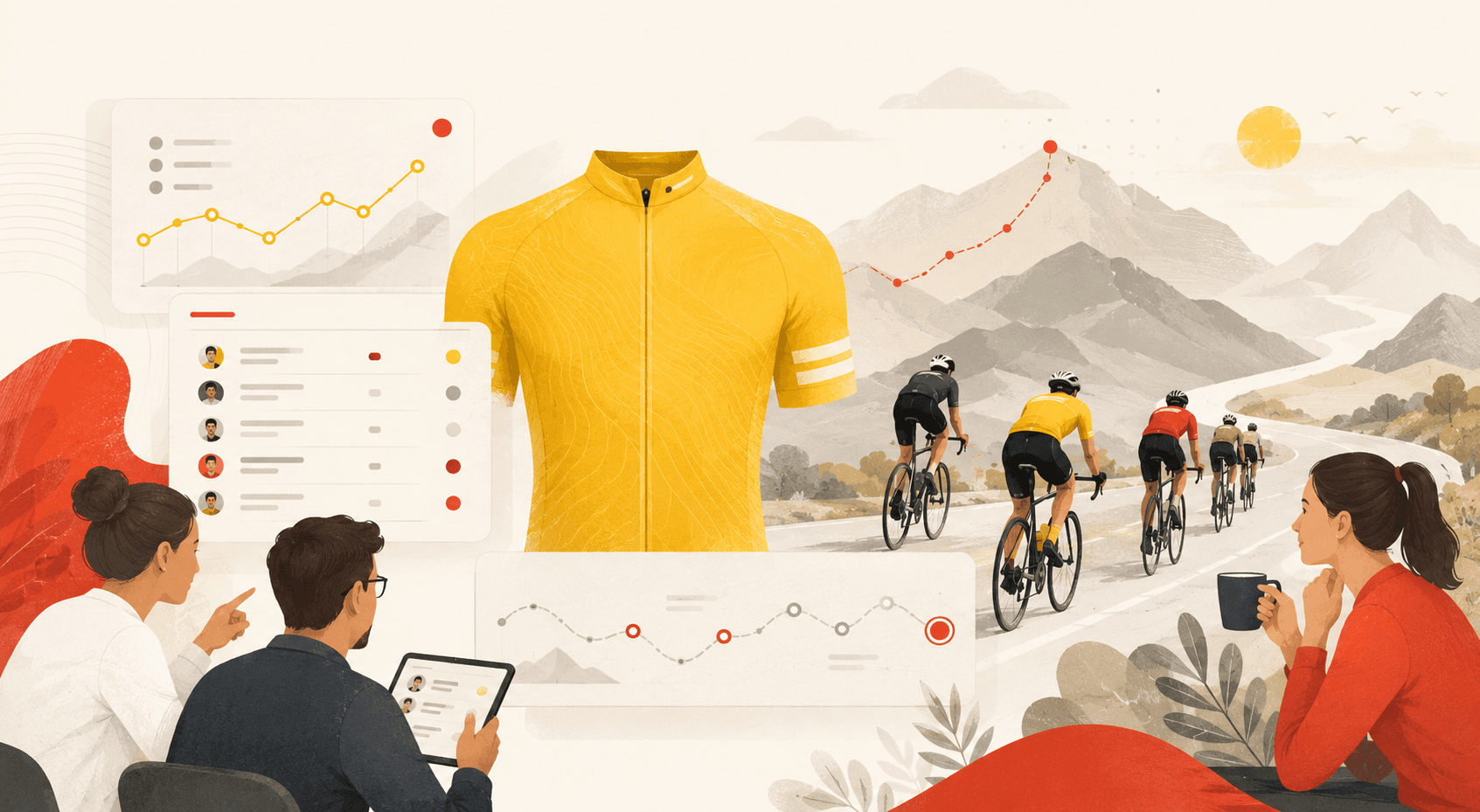 Yellow jersey strategy illustration with cyclists, route lines, and leaderboard panels
