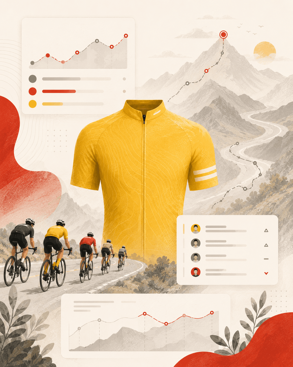 Yellow jersey strategy illustration with cyclists, route lines, and leaderboard panels