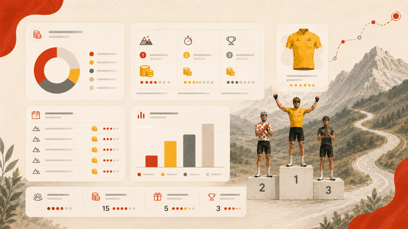 Prize pool distribution, podium, yellow jersey, and payout dashboard