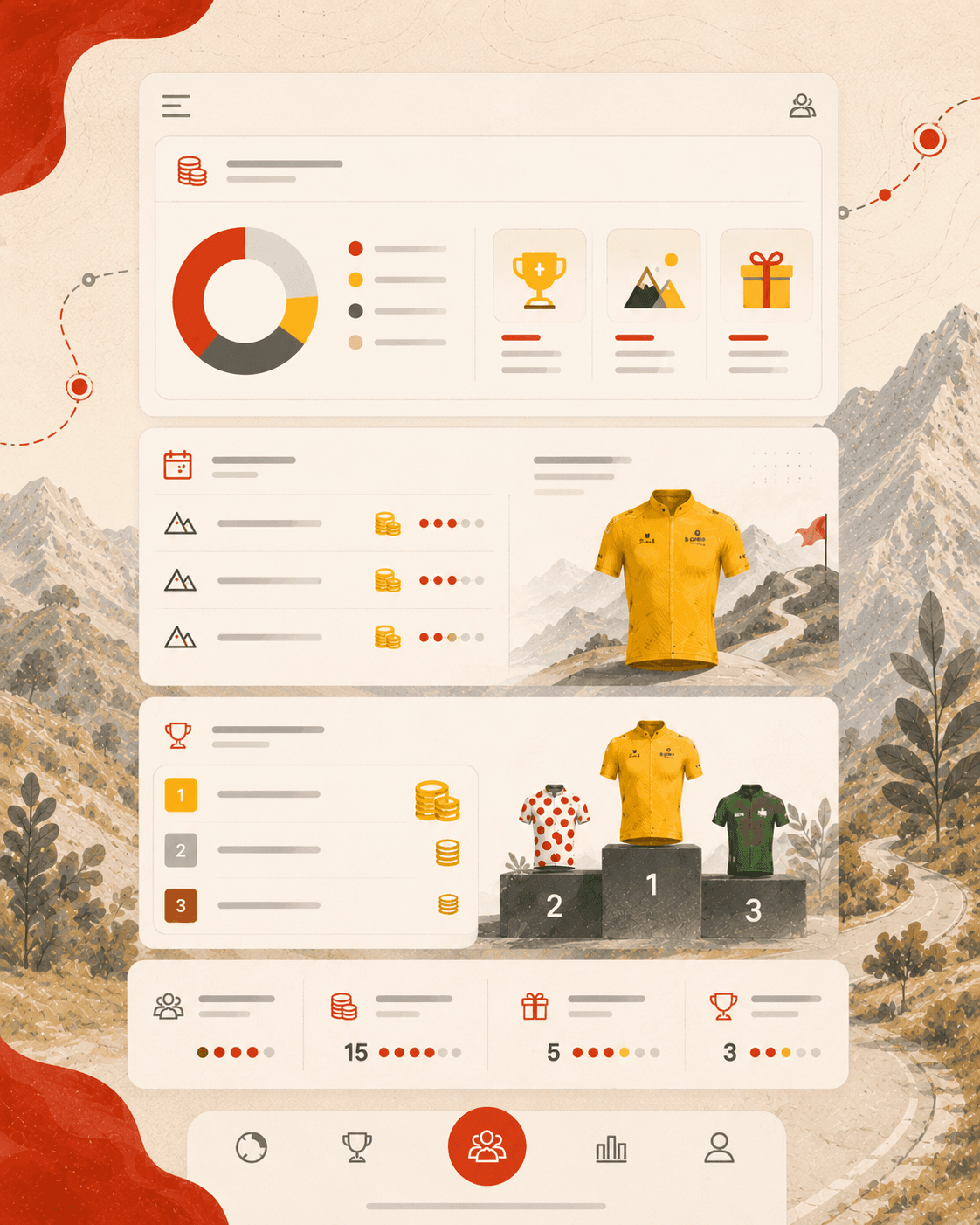 Prize pool distribution, podium, yellow jersey, and payout dashboard