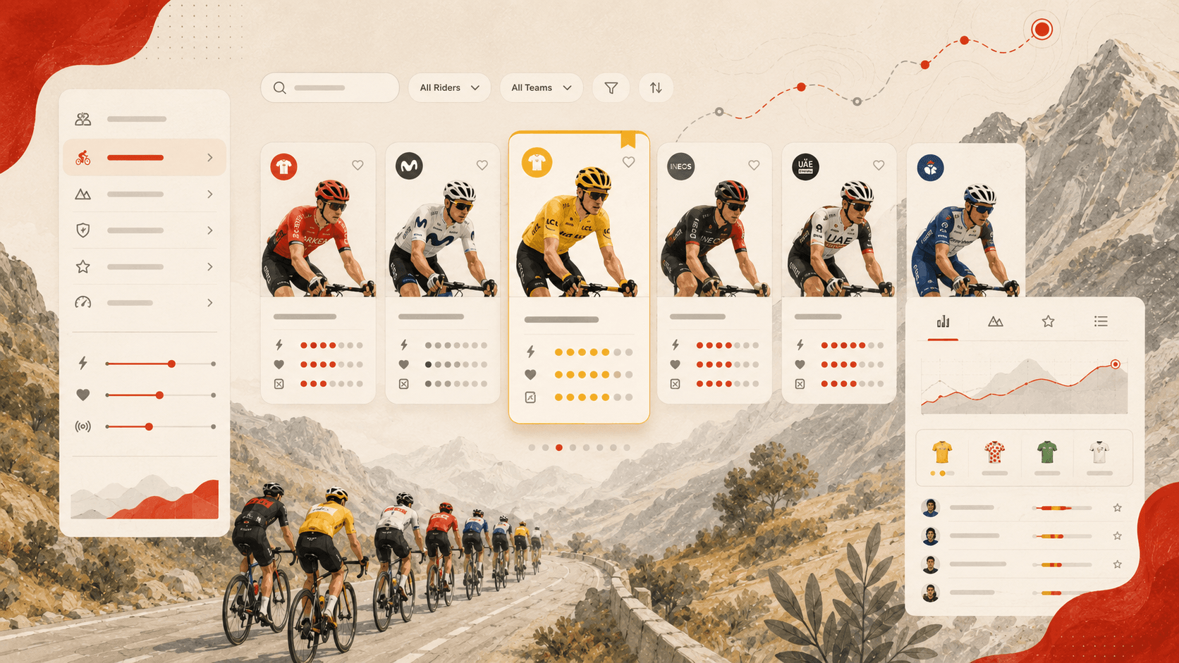 Rider scouting cards, filters, route lines, and cyclists in a mountain stage