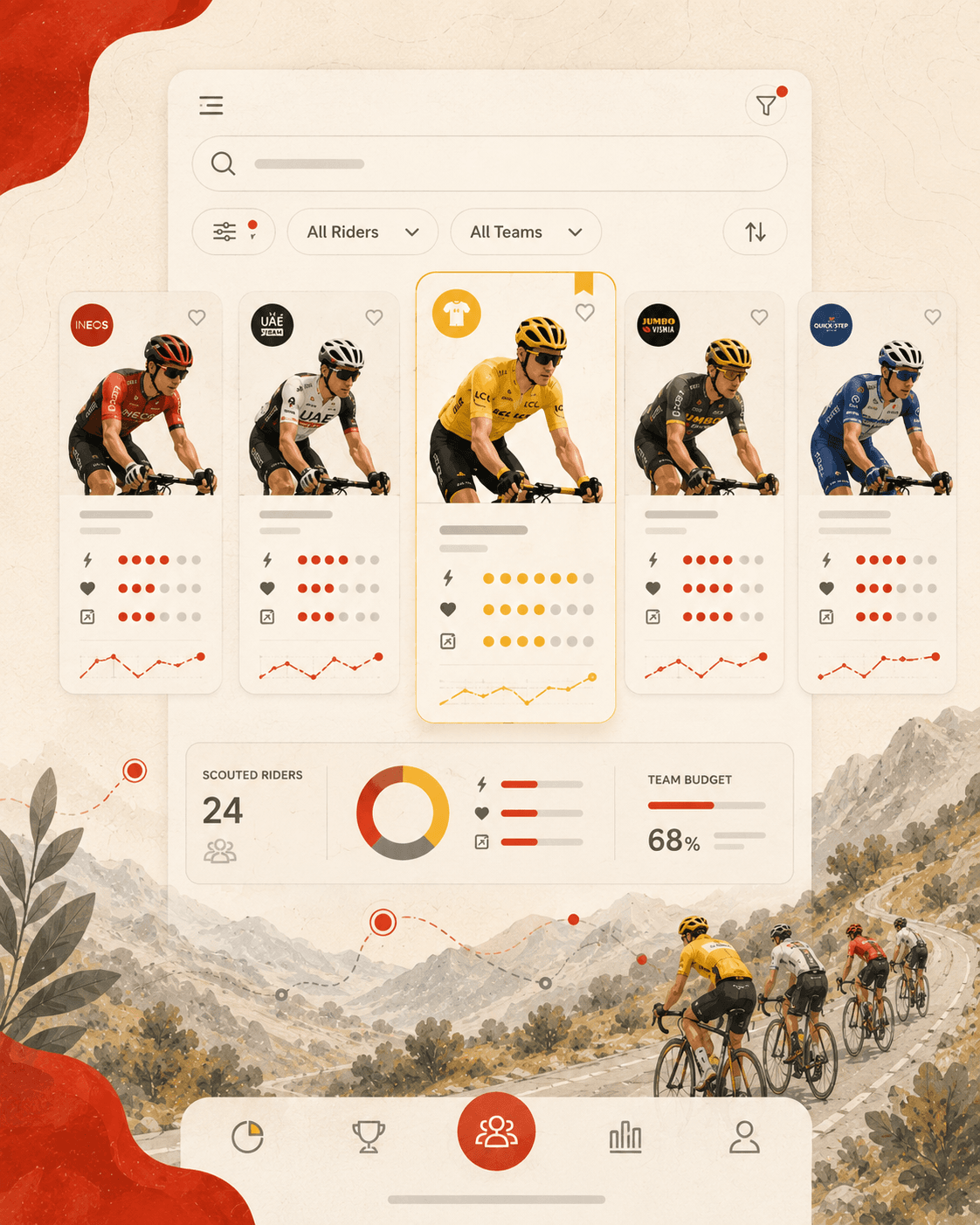 Rider scouting cards, filters, route lines, and cyclists in a mountain stage