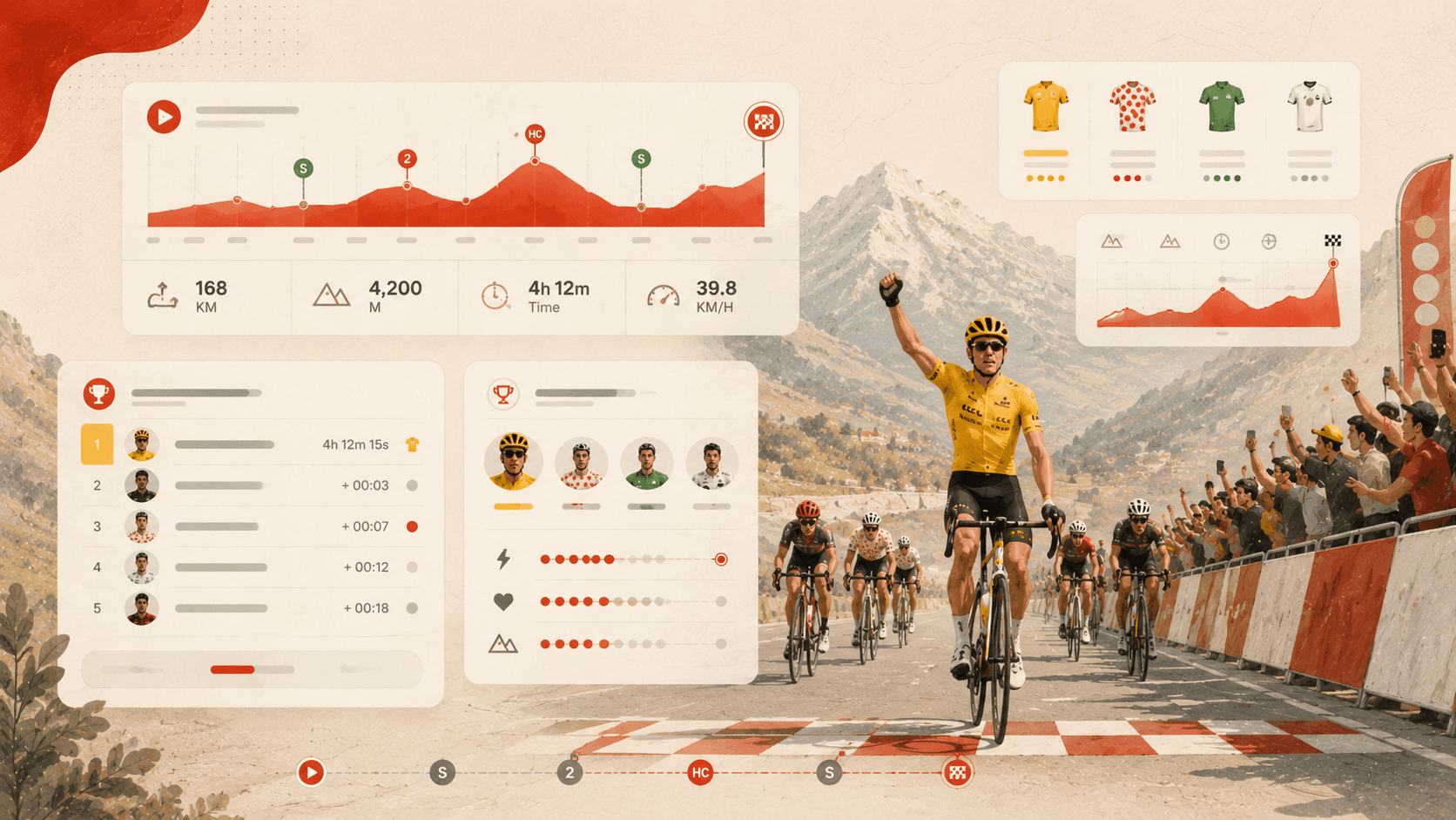 Stage finish, route profile, jersey holders, and race results dashboard