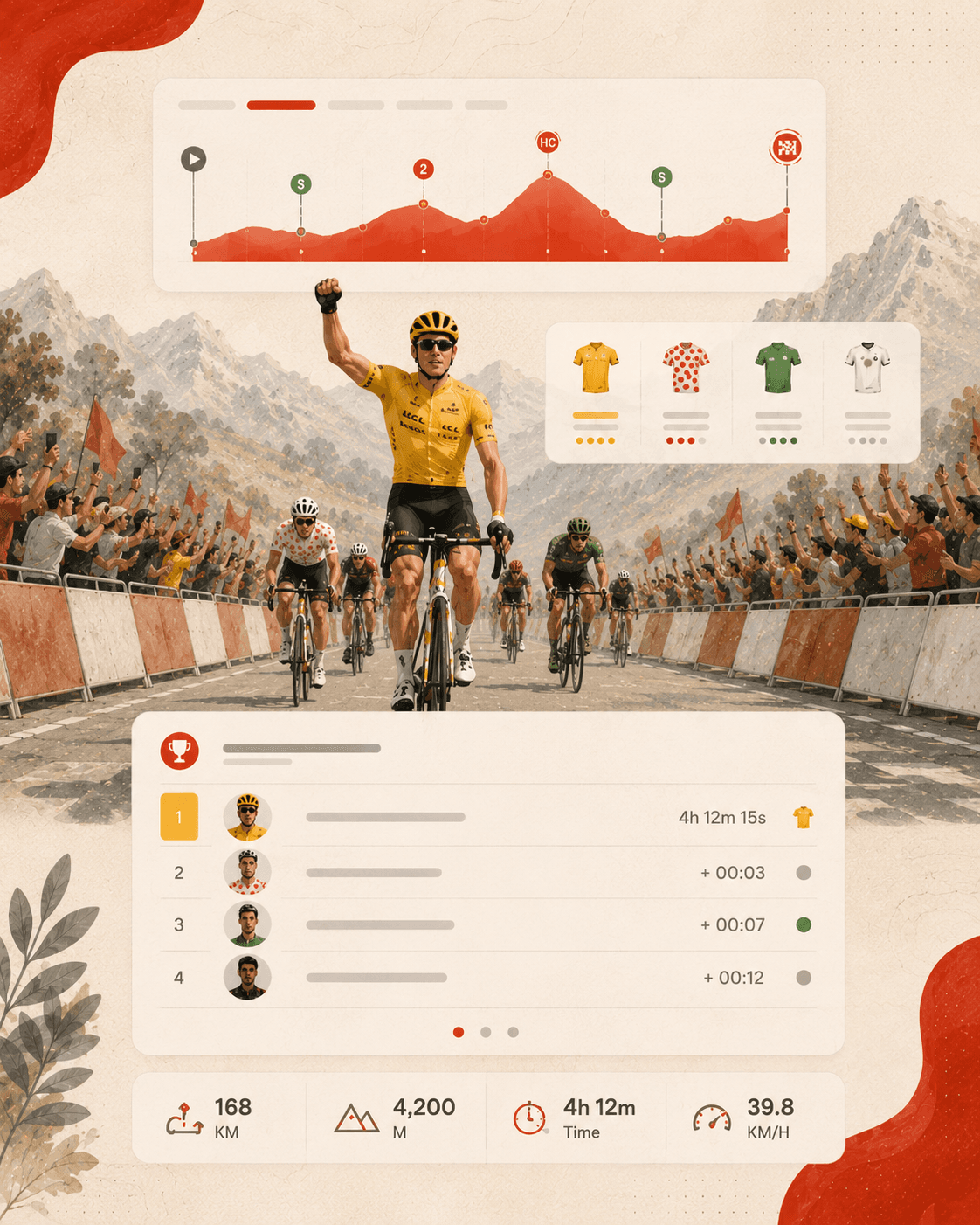 Stage finish, route profile, jersey holders, and race results dashboard