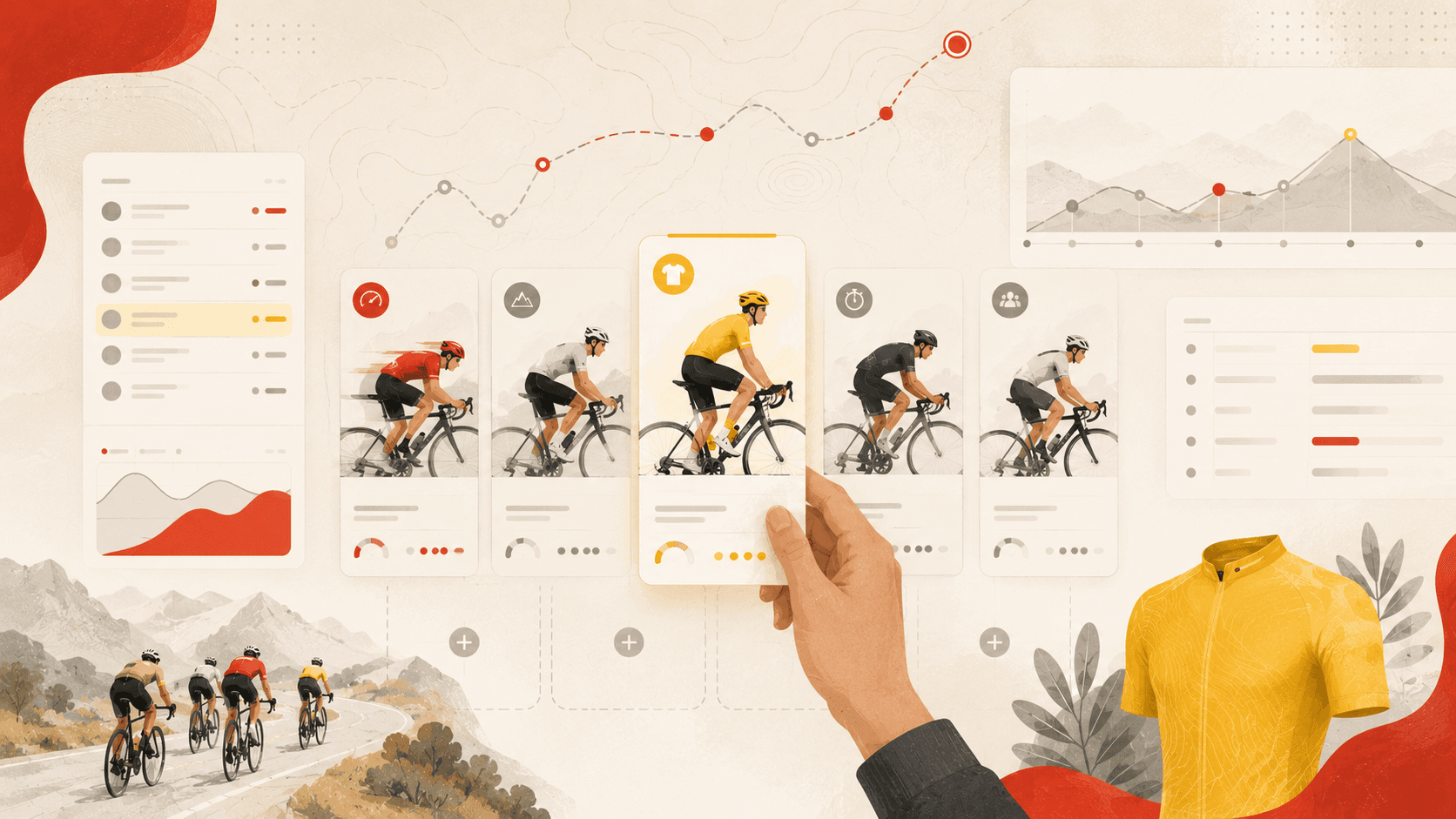 Cycling strategy cards and route dashboard for selecting a Tour team