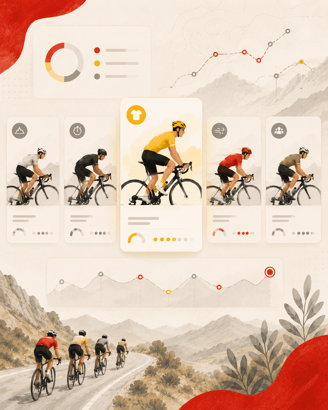 Cycling strategy cards and route dashboard for selecting a Tour team